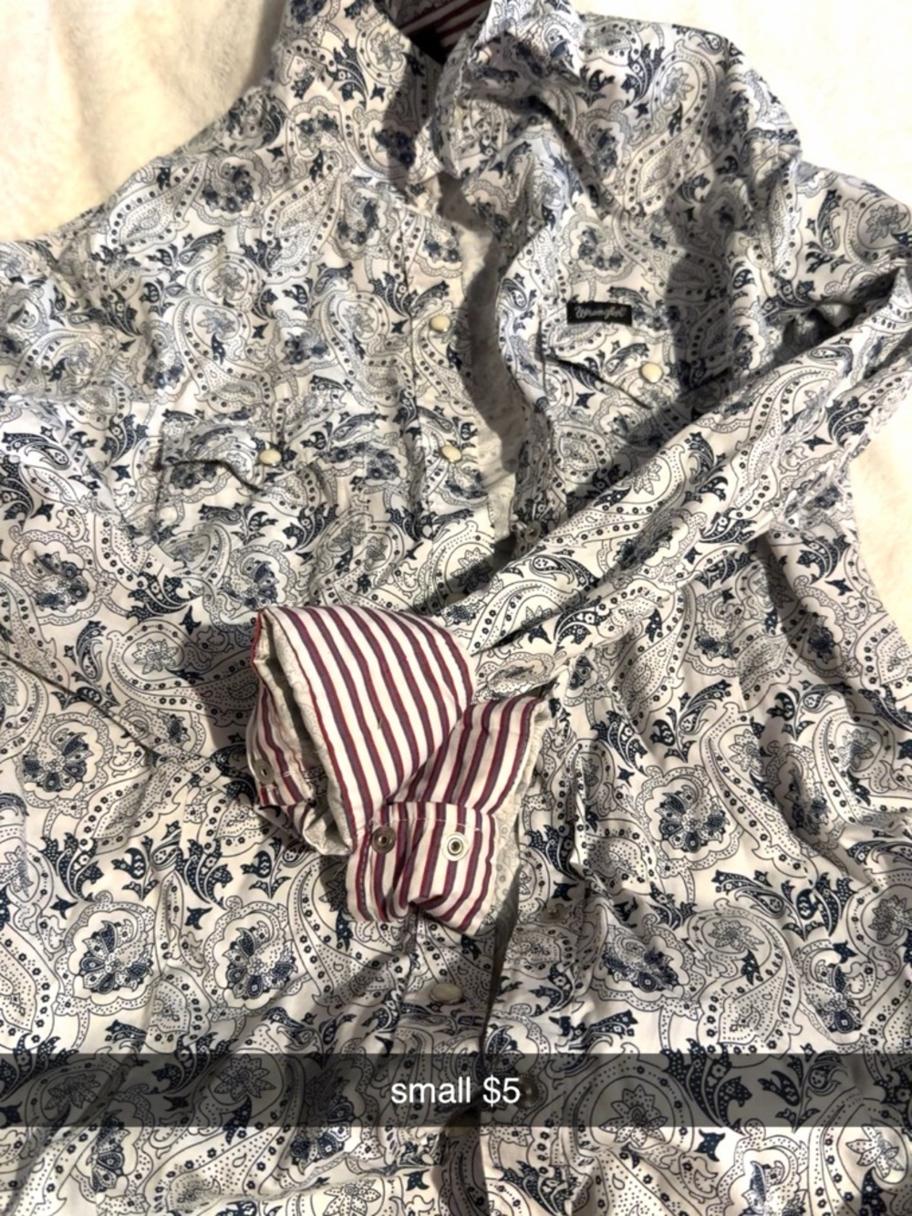 Wrangler White Shirt with Navy Paisley Print and Maroon Stripe Cuffs